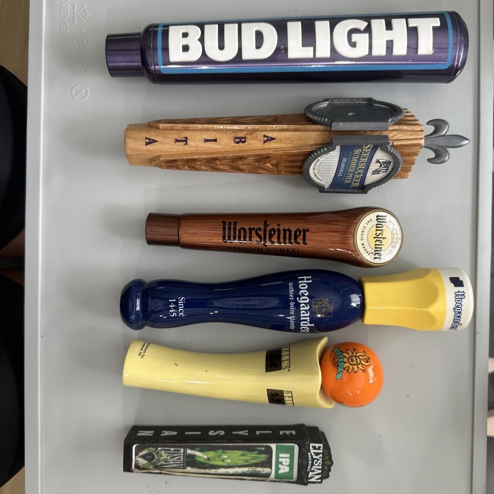6 Mini Tap Handles! Bud light, hoegaarden, Bells, Abita, Warsteiner, Elysian